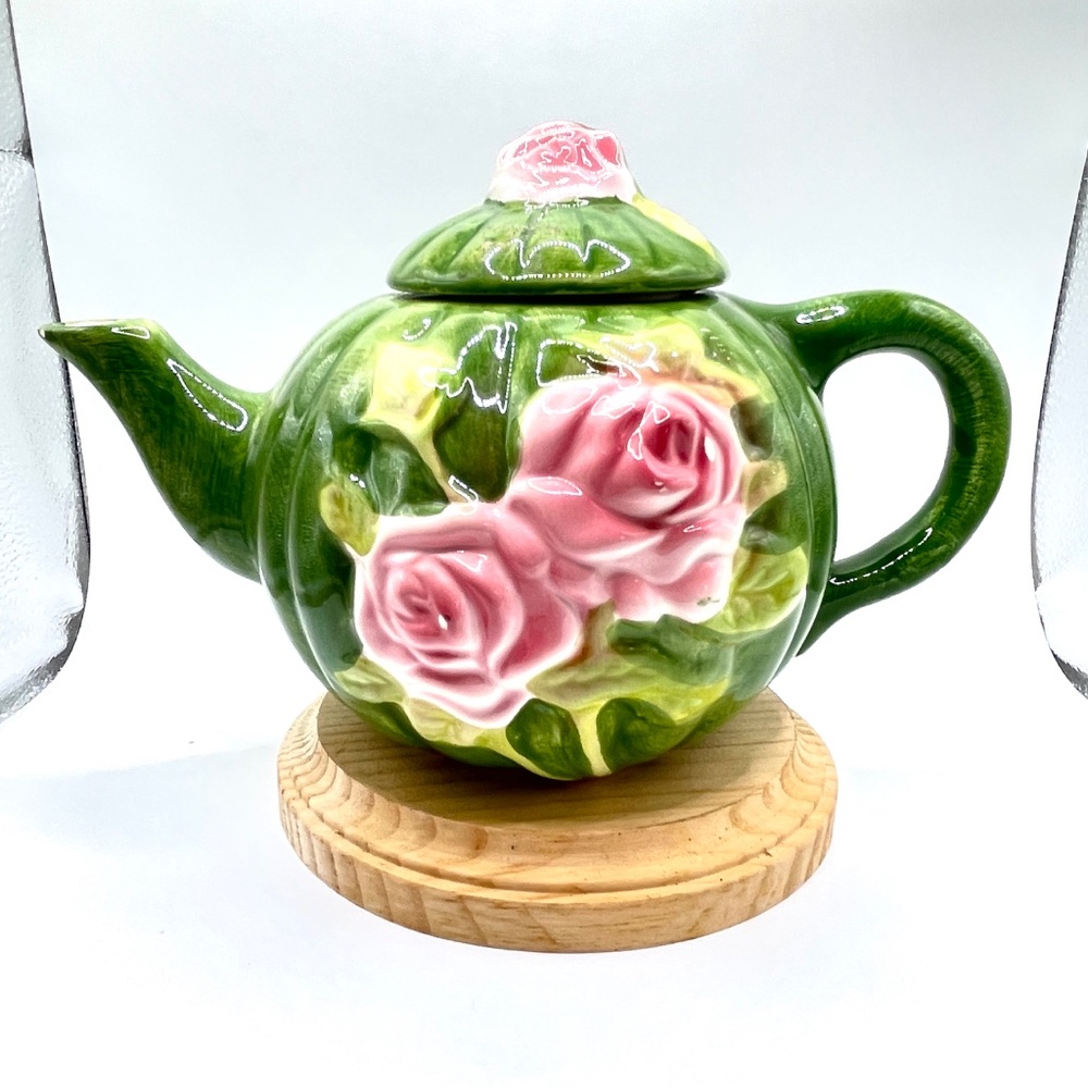Vintage Green Teapot Raised Pink Rose Decorations Cottagecore Grandmacore